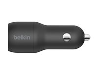 Belkin BoostCharge Dual Charger - Bilstrømadapter - 24 watt - 4.8 A - 2 utgangskontakter (USB) - på kabel: USB-C - svart CCE001BT1MBK