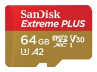 SanDisk Extreme PLUS - Flashminnekort (microSDXC til SD-adapter inkludert) - 64 GB - A2 / Video Class V30 / UHS-I U3 / Class10 - microSDXC UHS-I SDSQXBU-064G-GN6MA