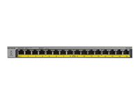 NETGEAR GS116LP - Switch - 16 x 10/100/1000 (PoE+) - stasjonær, rackmonterbar, veggmonterbar - PoE+ (76 W) - DC-strøm GS116LP-100EUS