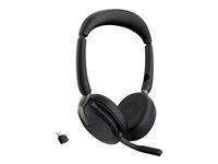 Jabra Evolve2 65 Flex UC Stereo - Hodesett - on-ear - Bluetooth - trådløs - aktiv støydemping - USB-C - svart - med trådløs ladepute - Optimert for UC 26699-989-889