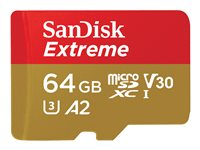 SanDisk Extreme - Flashminnekort (microSDXC til SD-adapter inkludert) - 64 GB - A2 / Video Class V30 / UHS-I U3 / Class10 - microSDXC UHS-I SDSQXAH-064G-GN6AA