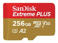 SanDisk Extreme PLUS - Flashminnekort (microSDXC til SD-adapter inkludert) - 256 GB - A2 / Video Class V30 / UHS-I U3 / Class10 - microSDXC UHS-I SDSQXBD-256G-GN6MA