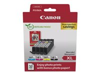 Canon CLI-581XL C/M/Y/BK Photo Value Pack - 4-pack - 8.3 ml - XL - svart, gul, cyan, magenta - original - boks - blekkbeholder / papirsett - for PIXMA TS6251, TS6350, TS6351, TS705, TS8252, TS8350, TS8351, TS8352, TS9550, TS9551 2052C006