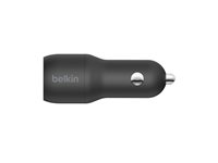 Belkin BoostCharge Dual Charger - Bilstrømadapter - 24 watt - 4.8 A - 2 utgangskontakter (USB) - på kabel: USB-C - svart CCE001BT1MBK