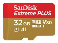 SanDisk Extreme PLUS - Flashminnekort (microSDHC til SD-adapter inkludert) - 32 GB - A1 / Video Class V30 / UHS-I U3 - microSDHC UHS-I SDSQXBG-032G-GN6MA